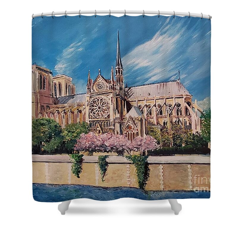 Notre Dame Shower Curtain featuring the painting Notre Dame by Merana Cadorette