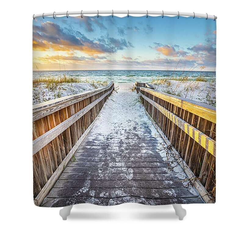 Beach Shower Curtain featuring the photograph Sunrise At Fort Walton Beach Okaloosa Island Florida Pathway To The Beach by Jordan Hill