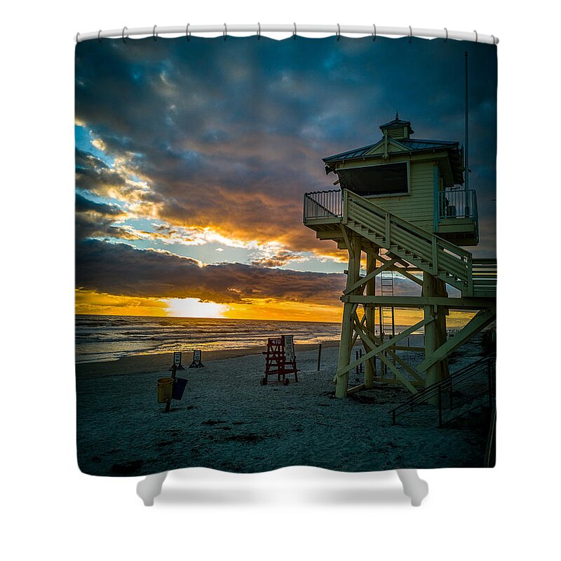 New Smyrna Beach Shower Curtain featuring the photograph NSB Lifeguard Tower at Sunrise #1 by Danny Mongosa