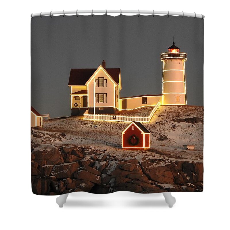 Winter Snow Rocks Lighthouse Shower Curtain featuring the photograph Nubble Lighthouse in Winter by Elaine Franklin
