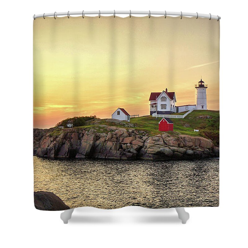 Nubble Lighthouse Shower Curtain featuring the photograph Nubble Lighthouse Sunrise by Deb Bryce