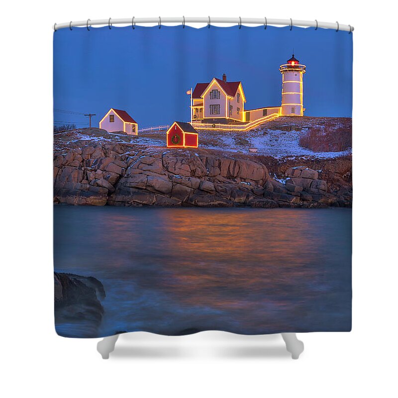 Nubble Lighthouse Shower Curtain featuring the photograph Nubble Lighthouse with Holidays Decoration by Juergen Roth