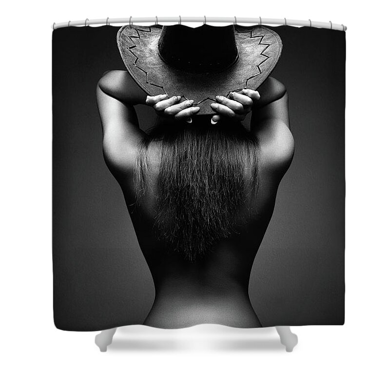 Woman Shower Curtain featuring the photograph Nude woman cowboy hat 2 by Johan Swanepoel