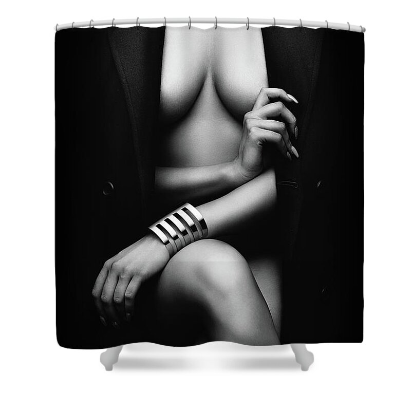Woman Shower Curtain featuring the photograph Nude Woman with jacket 1 by Johan Swanepoel