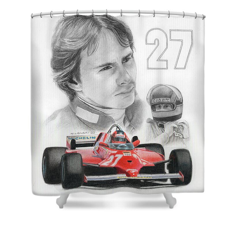 Formula One Shower Curtain featuring the drawing Number 27. Gilles Villeneuve by Norb Lisinski