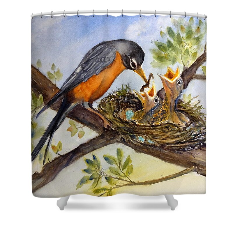 American Robin And Nest Shower Curtain featuring the painting Nurturing the Nest by Anna Jacke
