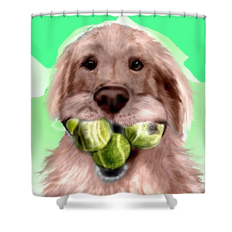Golden Retriever Tennis Balls Fetching Fetch Funny Caricature Pencil Sketch Mixed Media Shower Curtain featuring the mixed media Nuts for Tennis by Pamela Calhoun