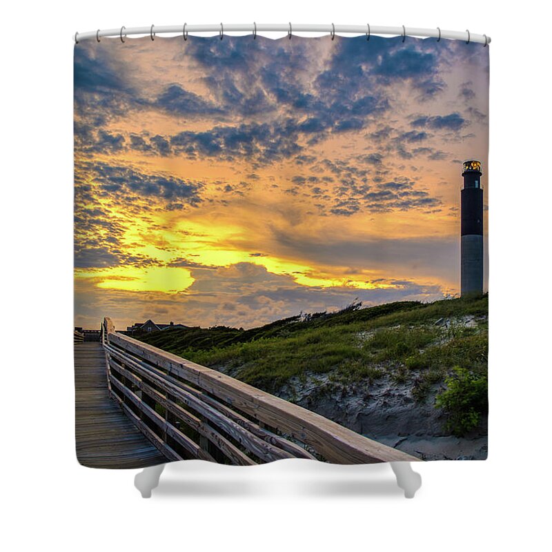 Oak Island Shower Curtain featuring the photograph Oak Island Lighthouse Sunset by Nick Noble