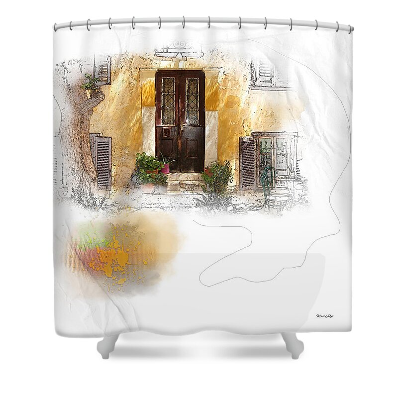 Golden Shower Curtain featuring the mixed media Oasis An Urban Courtyard by Moira Law