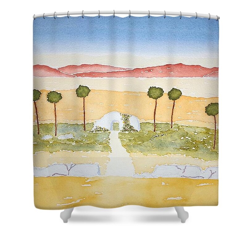 Watercolor Shower Curtain featuring the painting Oasis of Lore by John Klobucher