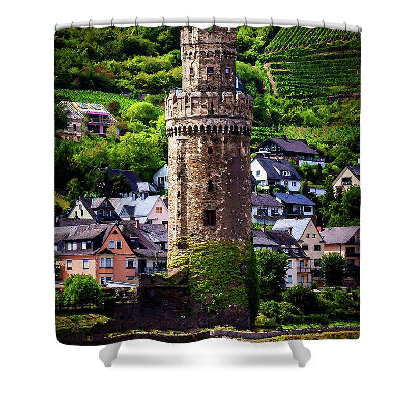 Oberwesel Shower Curtain featuring the digital art Oberwesel Town Wall Guard Tower, Watercolor on Sandstone by Ron Long Ltd Photography