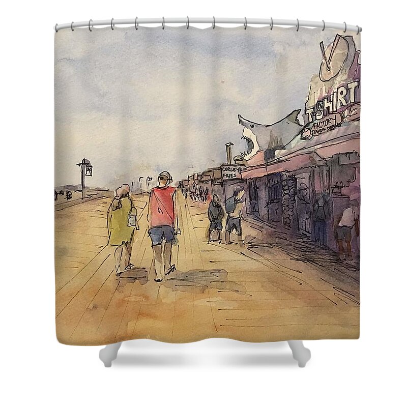 Summer Shower Curtain featuring the drawing Ocean City Boardwalk by Elissa Poma