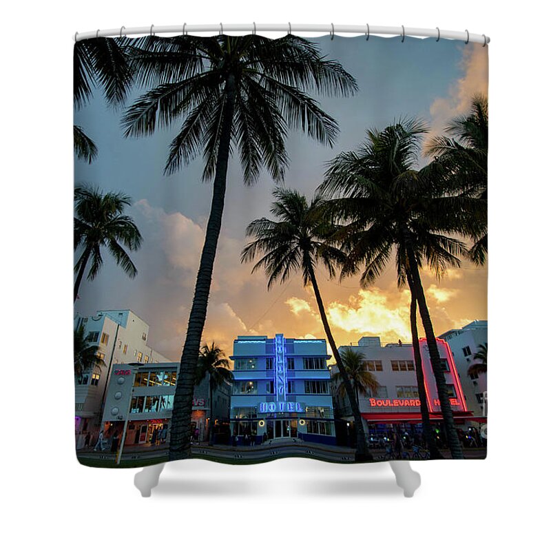 Palm Shower Curtain featuring the photograph Ocean Drive in South Beach Miami at Sunset by Beachtown Views