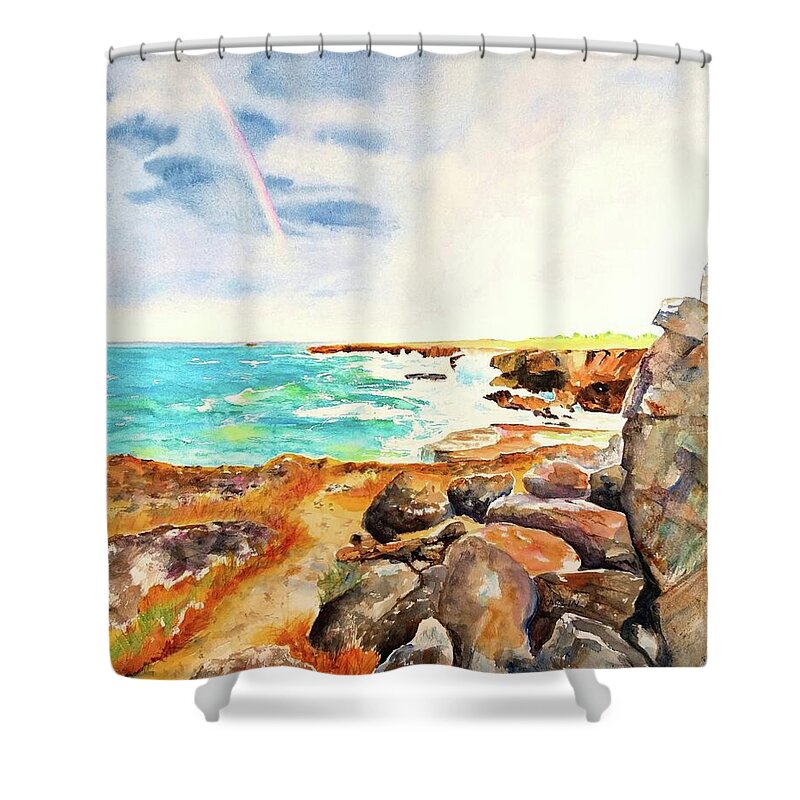Coast Shower Curtain featuring the painting Ocean Rainbow - Coastal Fog by Carlin Blahnik CarlinArtWatercolor