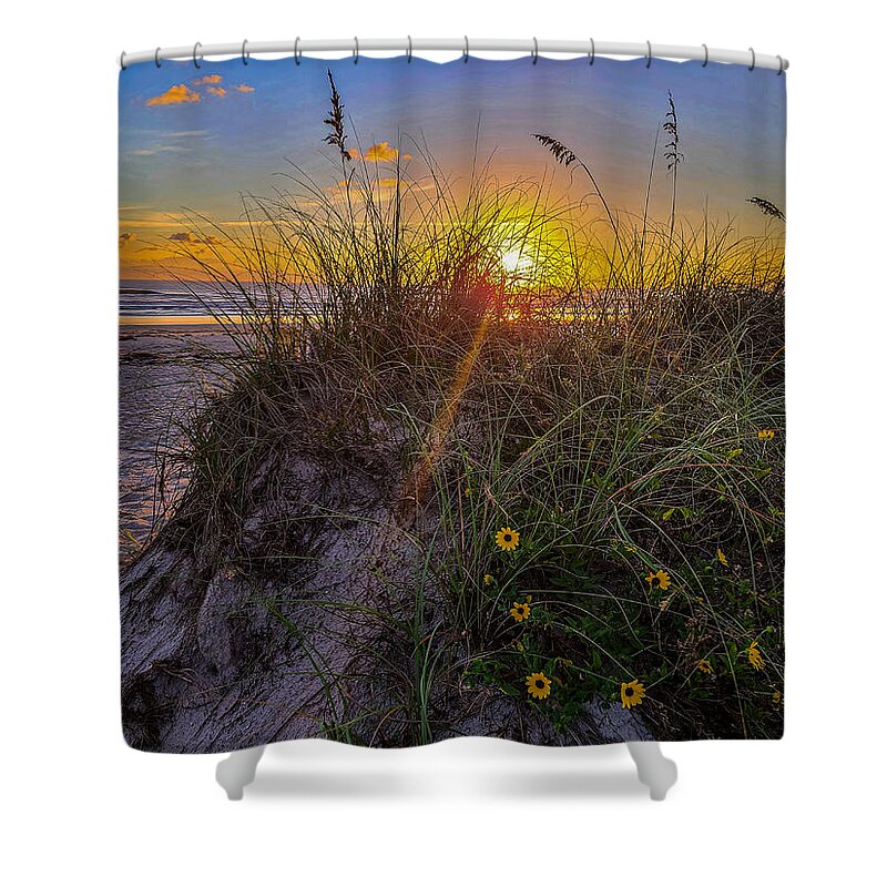 Sunrise Shower Curtain featuring the photograph Ocean Sunrise Over Beach Dune Sunflowers by Danny Mongosa