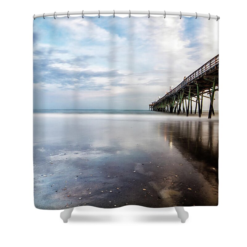 North Carolina Fishing Pier Shower Curtain featuring the photograph Oceanna Pier With Blue Skies and Dark Clouds Reflected by Bob Decker