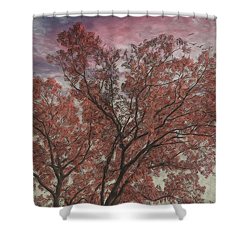 Oak Shower Curtain featuring the digital art October Oak at Sunset by Dennis Lundell