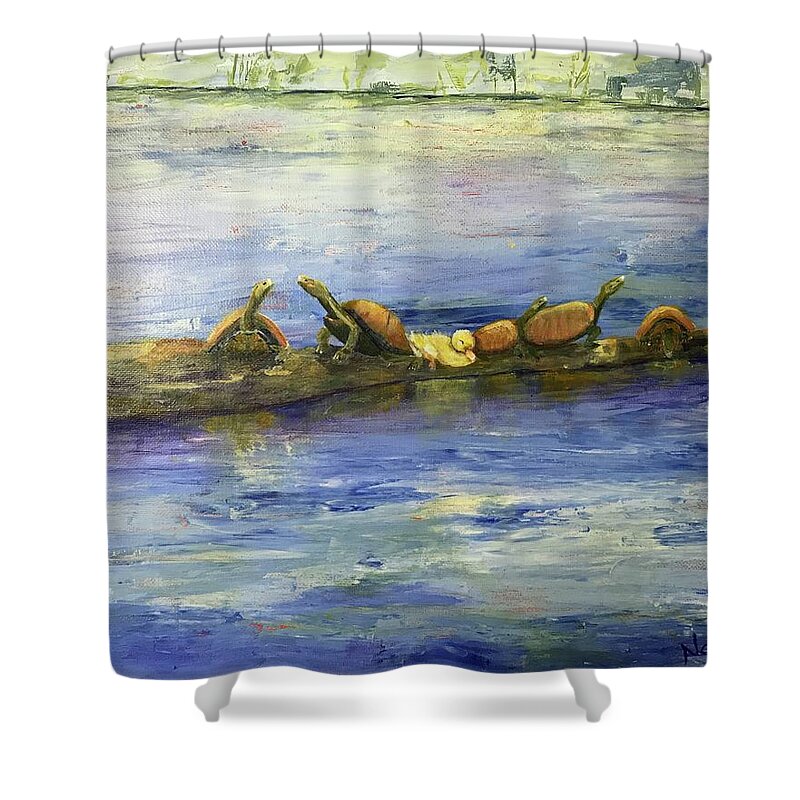 Turtles Shower Curtain featuring the painting Odd Duck by Deborah Naves