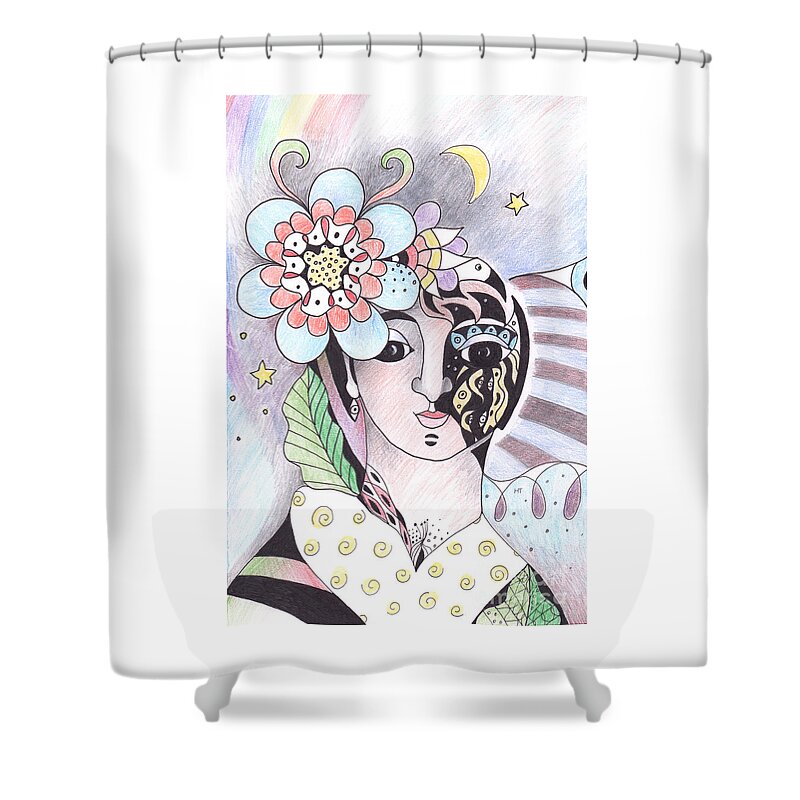 Of Stardust And Rainbows By Helena Tiainen Shower Curtain featuring the drawing Of Stardust and Rainbows by Helena Tiainen