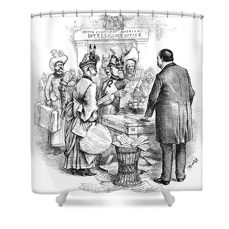 1885 Shower Curtain featuring the drawing Office Seeker Cartoon, 1885 by Thomas Nast
