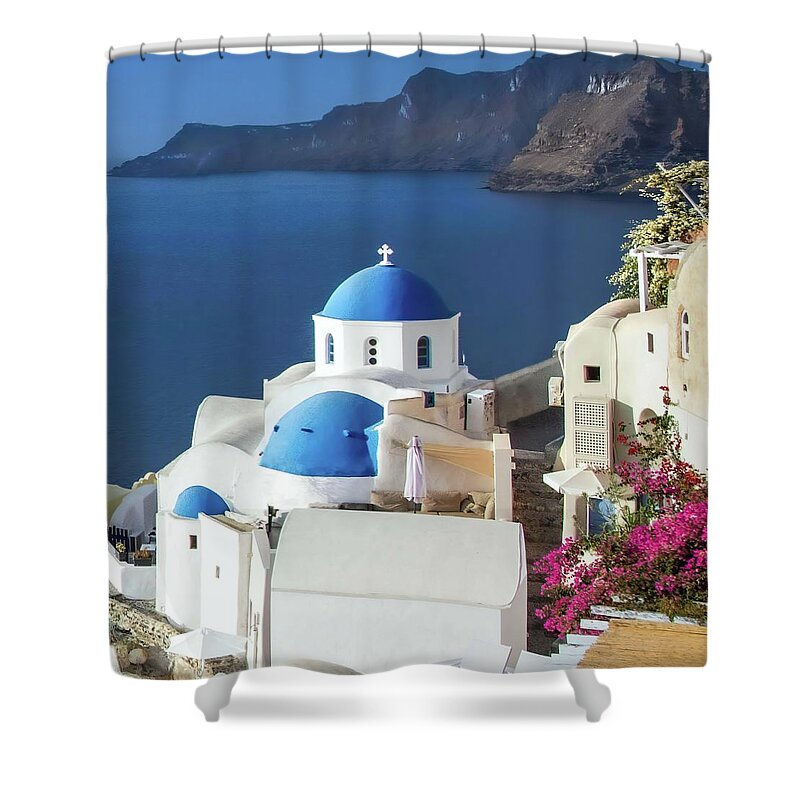 Santorini Shower Curtain featuring the photograph Oia Santorini Blue Domes by Rebecca Herranen