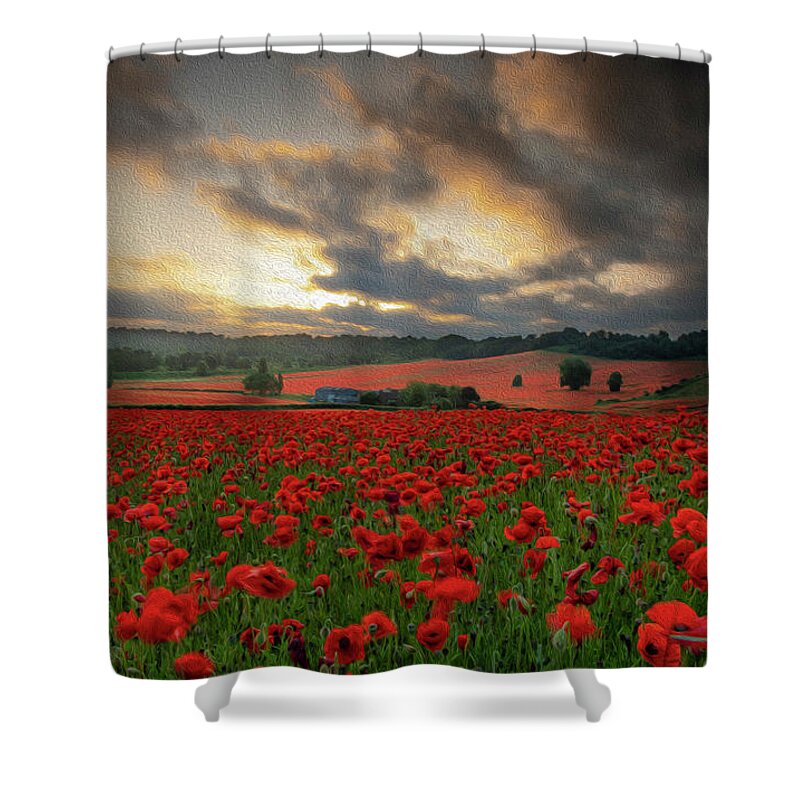 Landscape Shower Curtain featuring the pyrography Oil.11 by Remigiusz MARCZAK