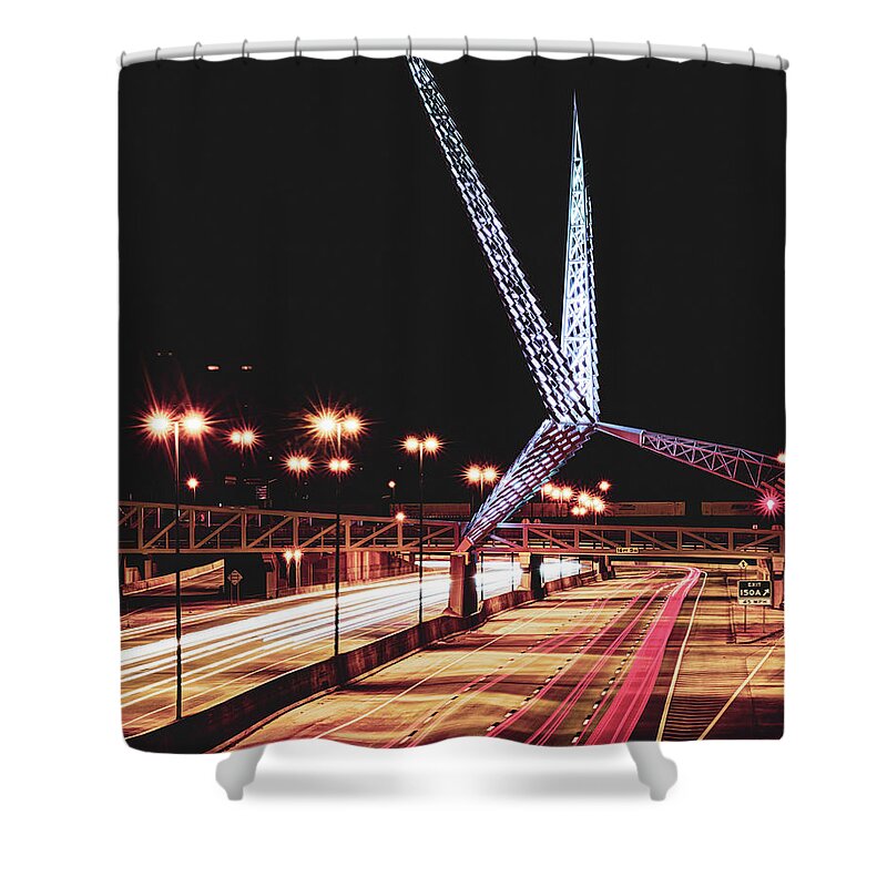 America Shower Curtain featuring the photograph OKC Scissor-Tailed Flycatcher Sculpture and Skydance Bridge by Gregory Ballos