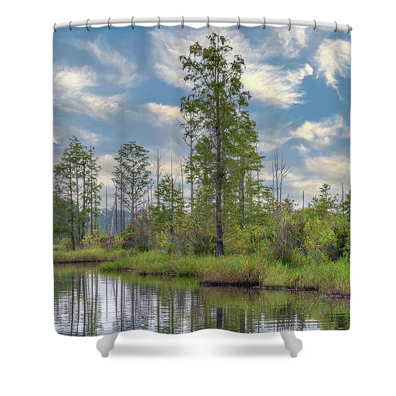 Okefenokee Shower Curtain featuring the photograph Okefenokee Vista by Karen Sirnick