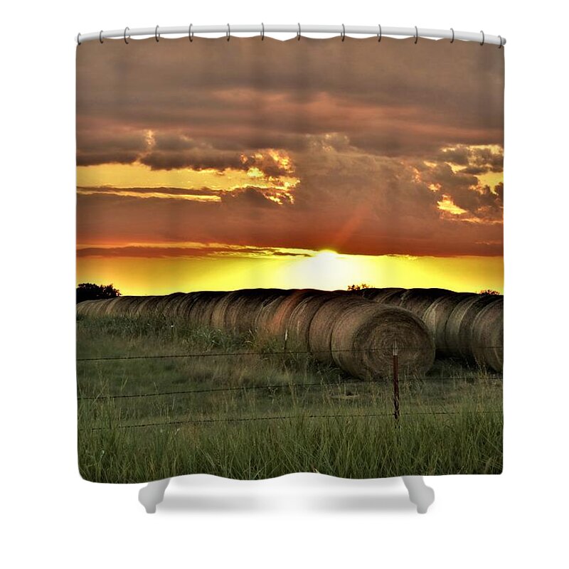 Nature Shower Curtain featuring the photograph Oklahoma Sunset Over Hay Bales by Sheila Brown