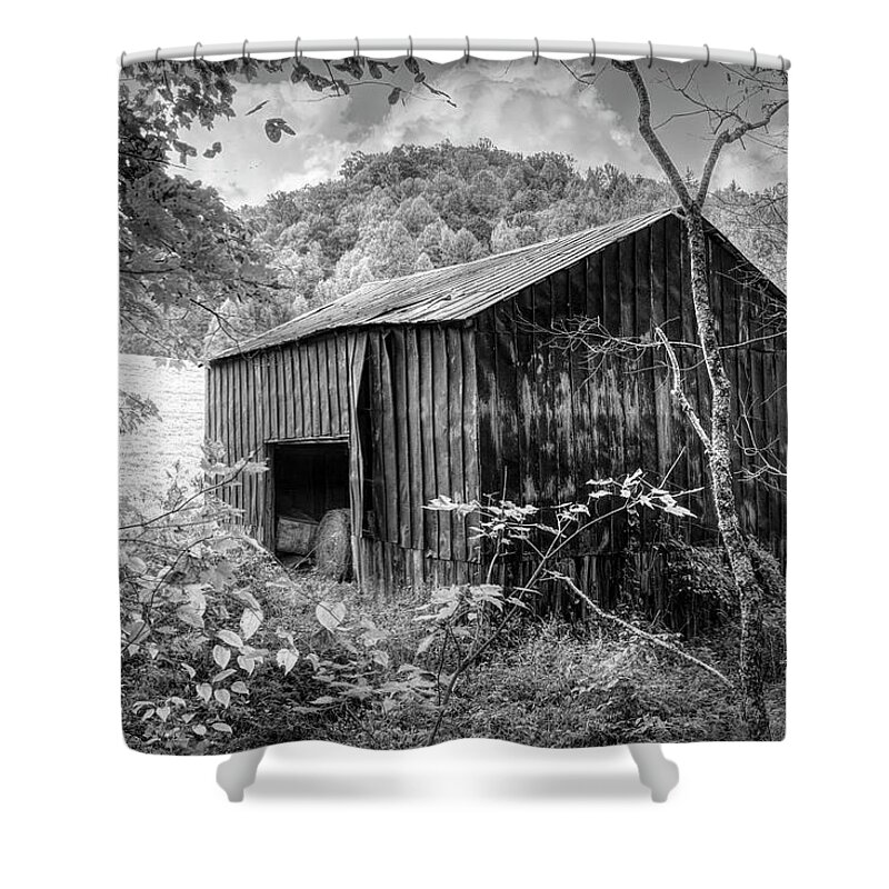 Barns Shower Curtain featuring the photograph Old Barn Pastures Creeper Trail in Autumn Fall Black and White D by Debra and Dave Vanderlaan