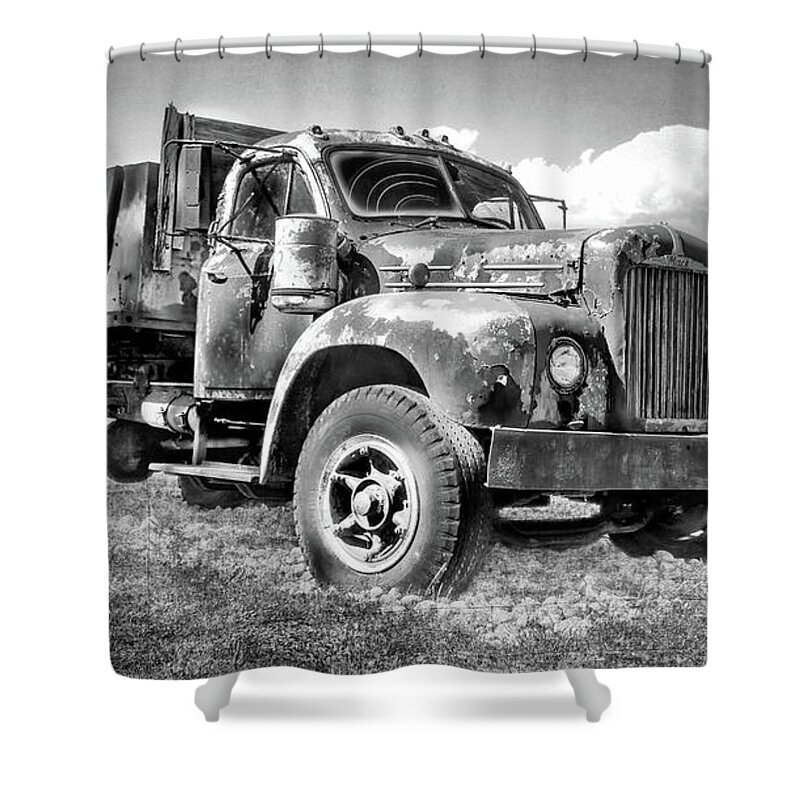 Mack Shower Curtain featuring the photograph Old Big Mack Dump Truck Black and White by Barbara McMahon