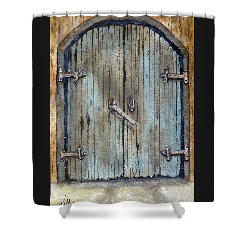 Entrance Door Shower Curtain featuring the painting Old Blue Door by Kelly Mills