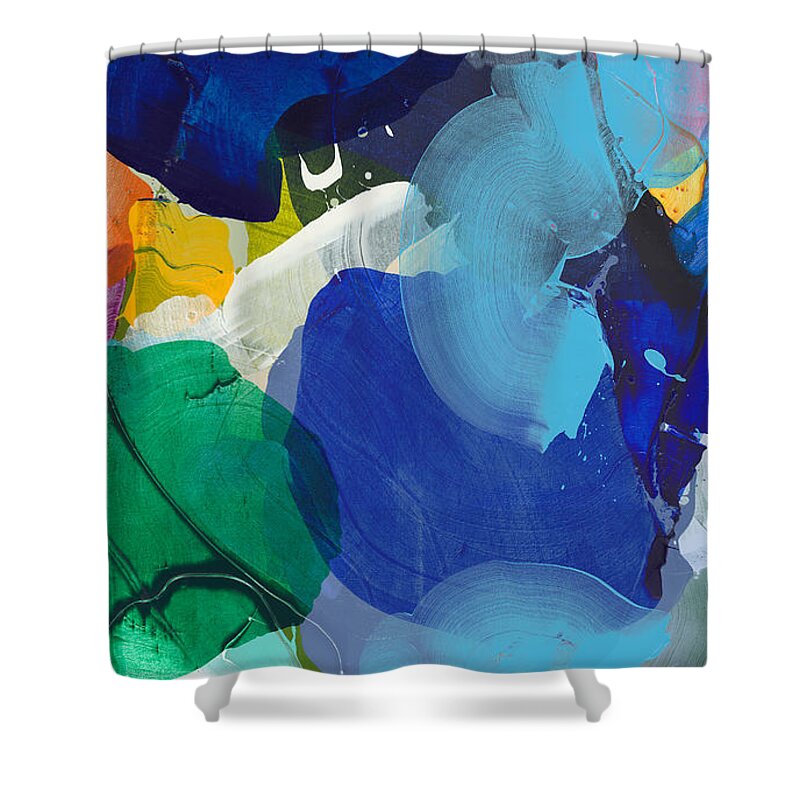 Abstract Shower Curtain featuring the painting Old Dog, New Tricks by Claire Desjardins