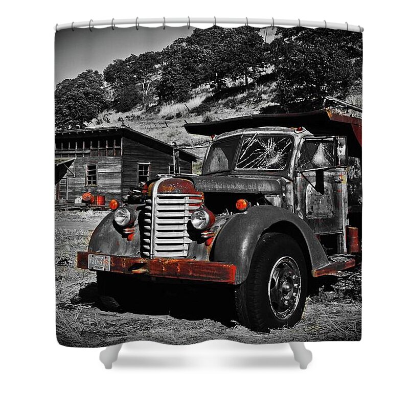  Shower Curtain featuring the digital art Old Dump Truck by Fred Loring