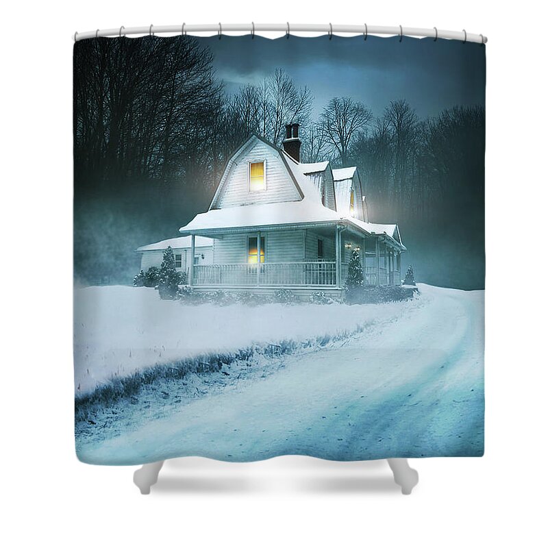 Atmospheric Shower Curtain featuring the photograph Old farmhouse in a winter with forest in background by Sandra Cunningham