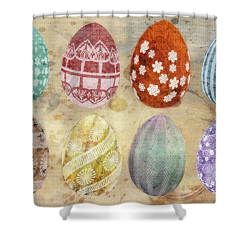 Easter Shower Curtain featuring the mixed media Old Fashioned Easter Eggs by Moira Law