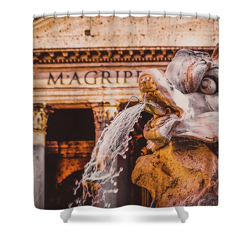Rome Shower Curtain featuring the photograph Old fountain and the Pantheon in central Rome at sunset by Karel Miragaya