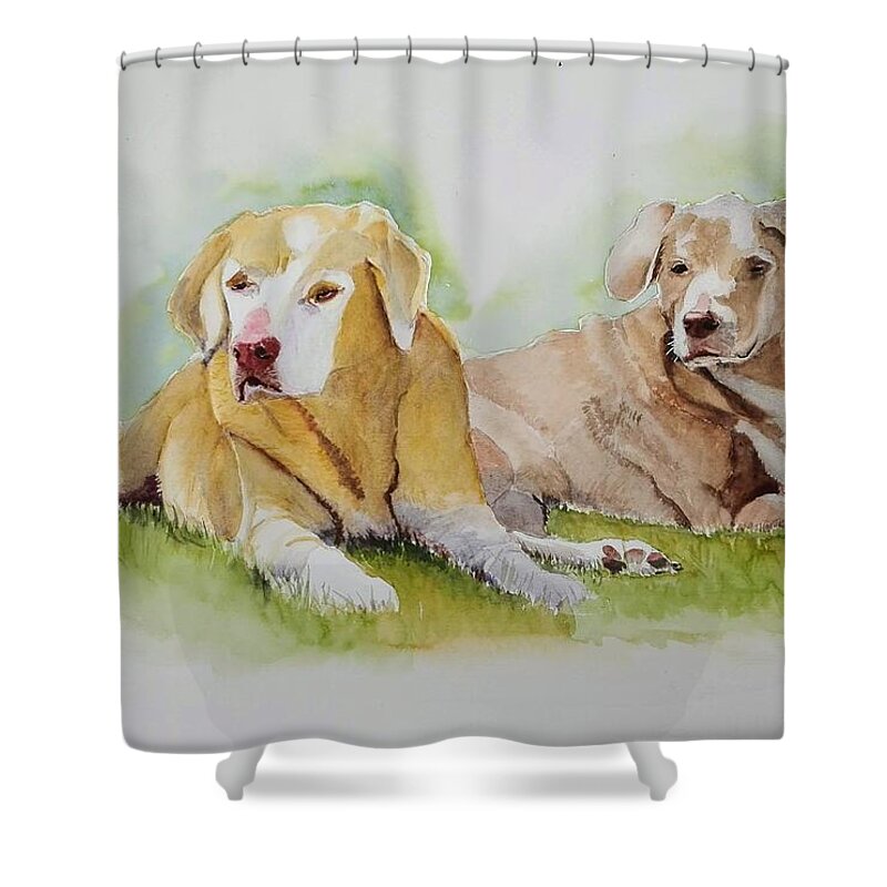 Dogs Shower Curtain featuring the painting Old Friends by Sandie Croft