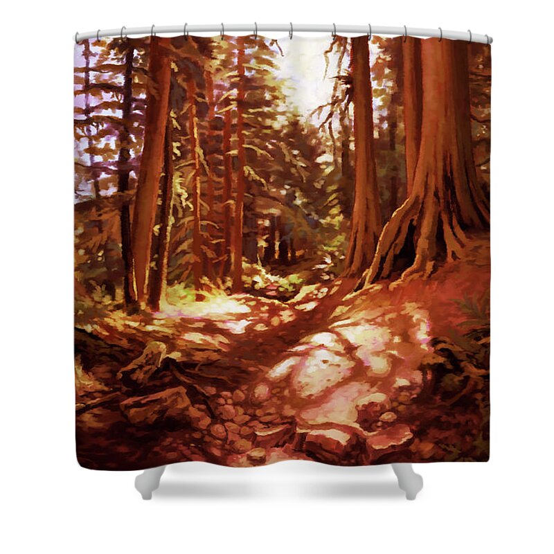 Forest Shower Curtain featuring the painting Old growth forest by Hans Neuhart