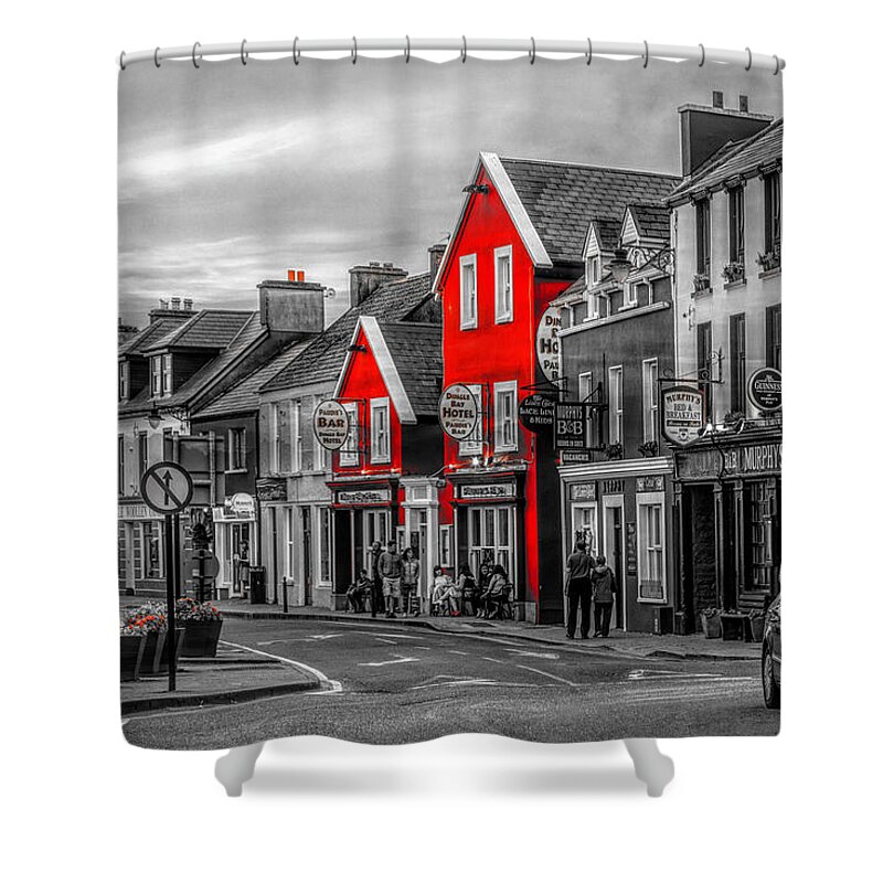 Barns Shower Curtain featuring the photograph Old Irish Downtown The Dingle Peninsula Black White and Red by Debra and Dave Vanderlaan
