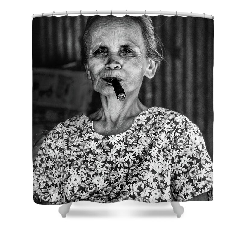 Filipina Shower Curtain featuring the photograph Old lady smoking cigar by Jeremy Holton