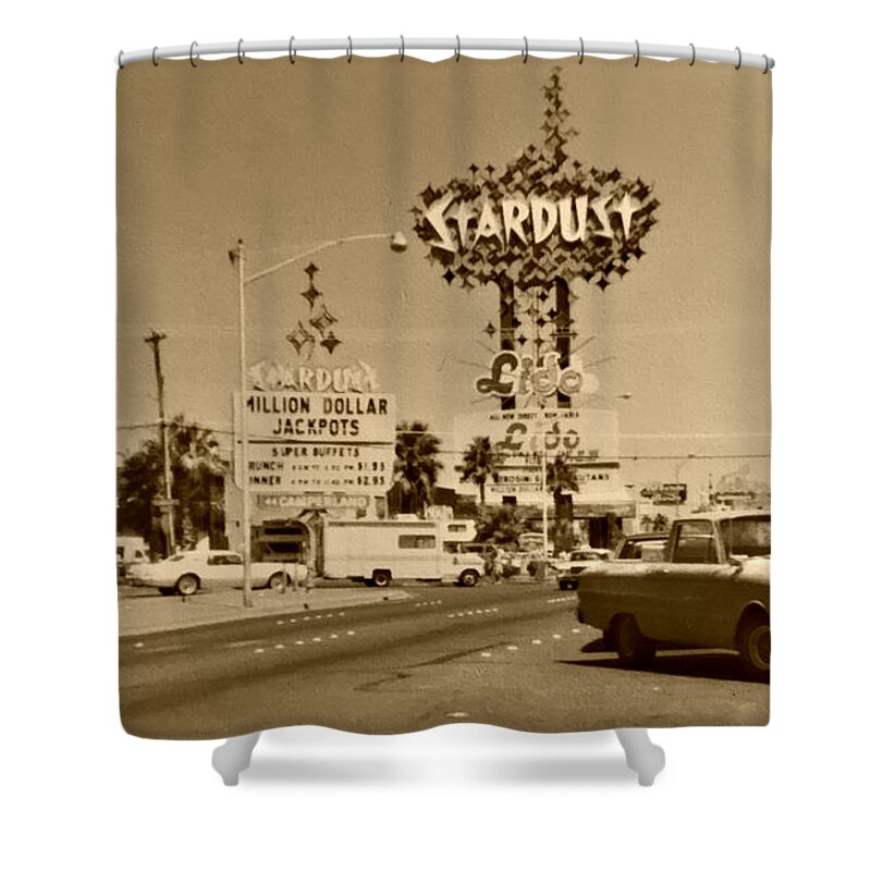 Old Las Vegas Strip Stardust Hotel Casino Classic Cars Scene Las Vegas Blvd  1984 Sepia Color Shower Curtain by John Shiron - Pixels