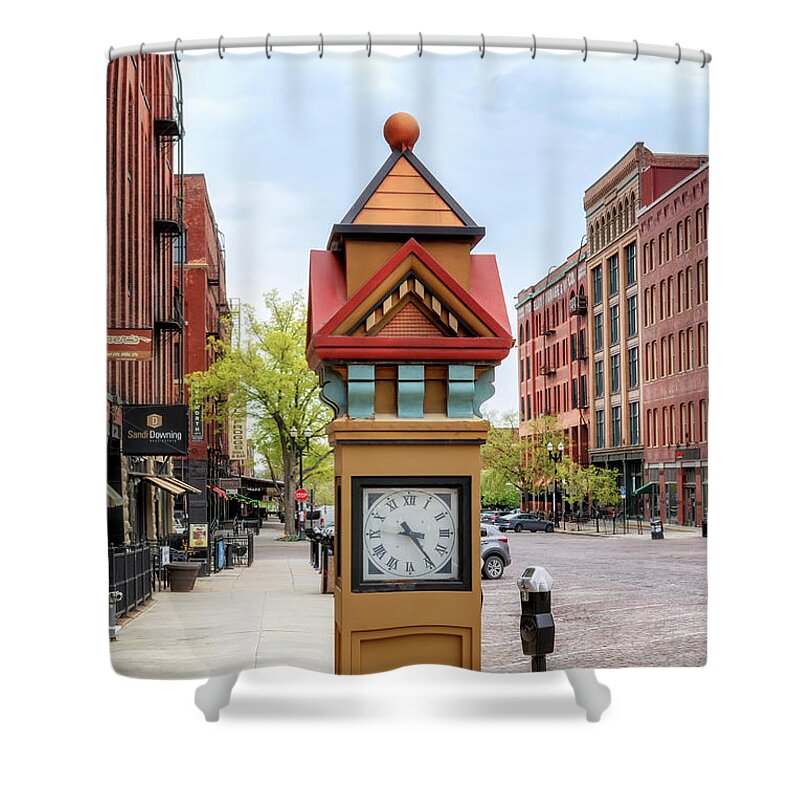 Street Clock Shower Curtain featuring the photograph Old Market Street Clock - Omaha by Susan Rissi Tregoning