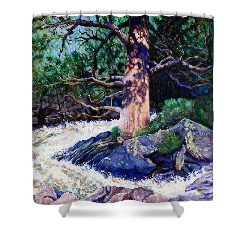 Old Pine Shower Curtain featuring the painting Old Pine In Rushing Stream by John Lautermilch