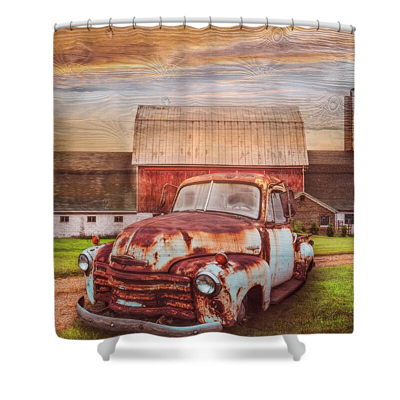 1948 Shower Curtain featuring the photograph Old Rusty in the Countryside in Wood Textures by Debra and Dave Vanderlaan