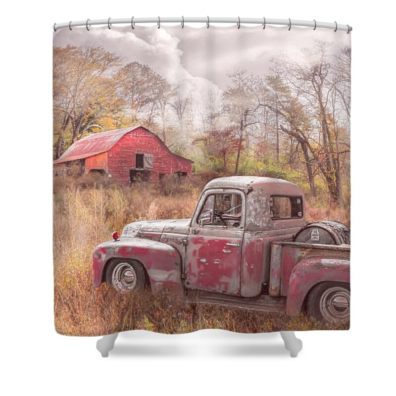 Barns Shower Curtain featuring the photograph Old Rusty Truck along the Autumn Backroads in Country Colors by Debra and Dave Vanderlaan