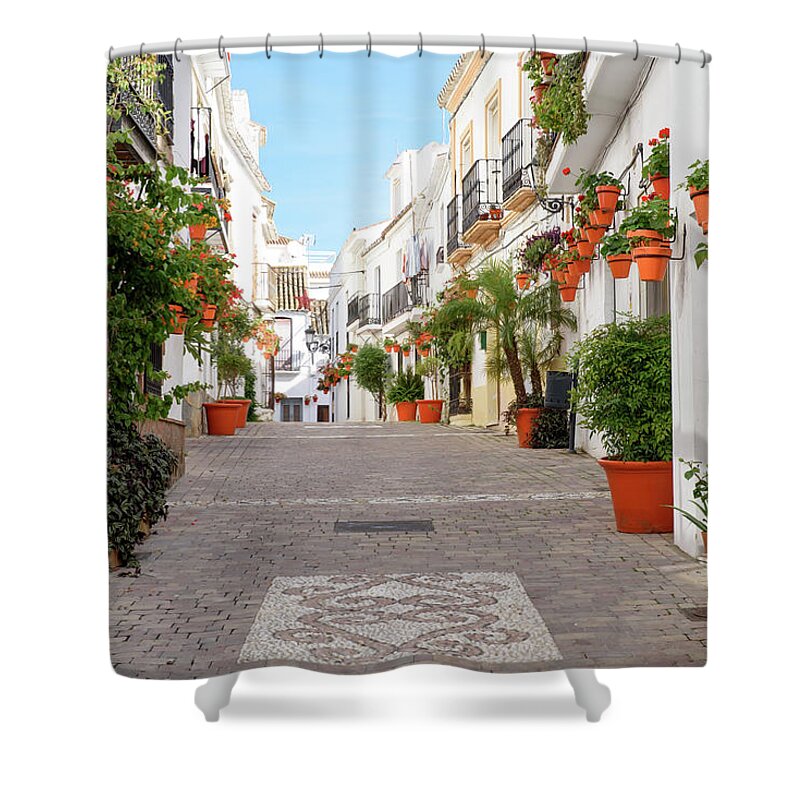 Estepona Shower Curtain featuring the digital art Old Town Estepona Flower Pots by Naomi Maya