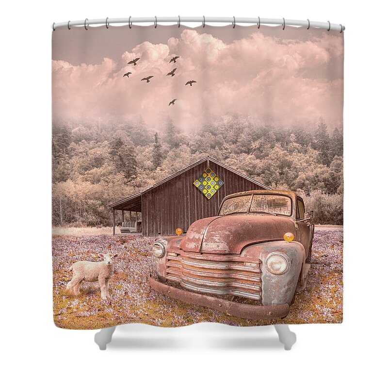 Barn Shower Curtain featuring the photograph Old Truck in the Fog on the Farmhouse by Debra and Dave Vanderlaan