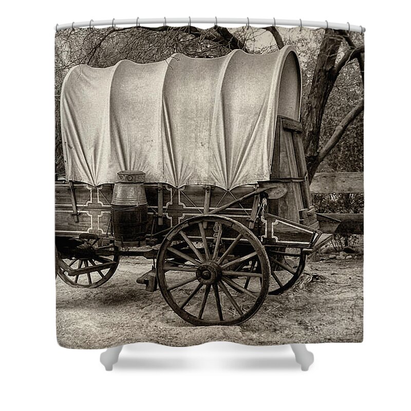 Western Themes Shower Curtain featuring the mixed media Old Western by Elaine Malott