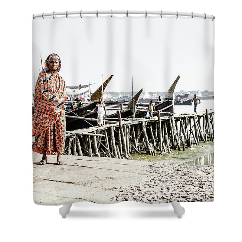 Asia Shower Curtain featuring the photograph Old Woman with dry fish by Alexey Stiop